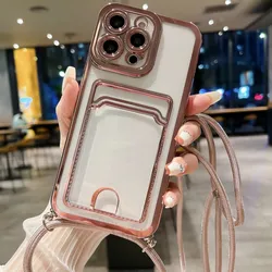Crossbody Strap Plating Case For Samsung Galaxy A55 A35 A25 A15 A54 A34 A24 A14 S24 Ultra Lanyard Necklace Clear Wallet Cover