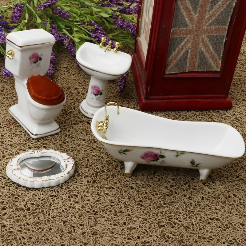 1/12 Dollhouse Mini Furniture Ceramic Bathroom Set Toilet Bathtub Dolls Kids Role Play Toys Gift Dollhouse view 2