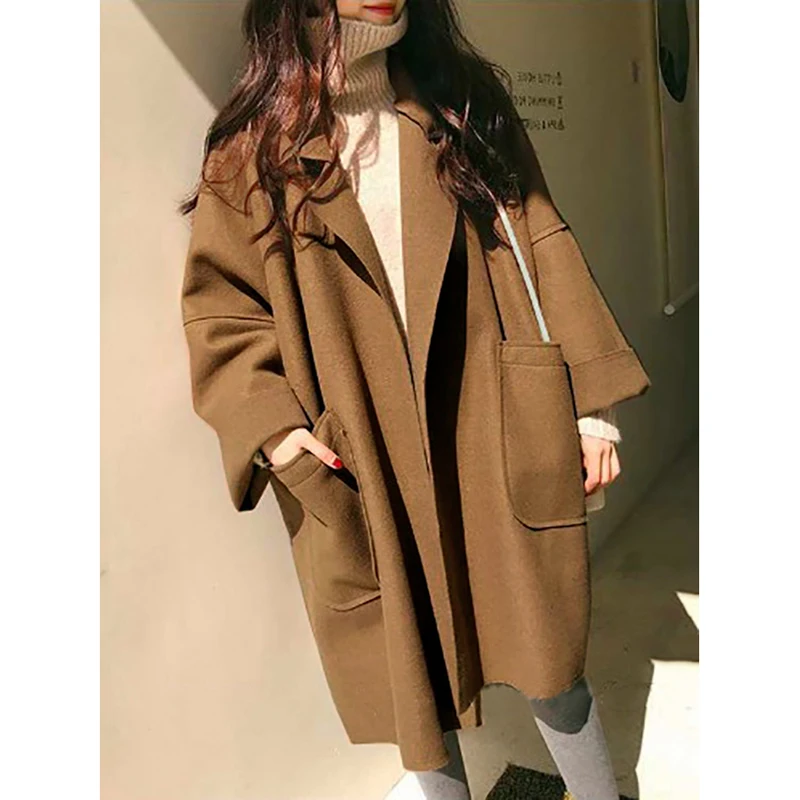 Krisnanas Autumn Urban Coat 2024 New Long Sleeves Loose Buttoned Pockets Solid Color Split-Joint Notched Collar Woolen Coat