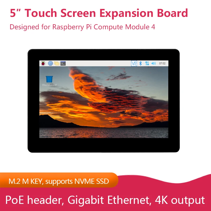 5″ Touch Screen Expansion Board for Raspberry Pi CM4, PoE Header, Gigabit Ethernet, 4K Output, M.2 M KEY, Supports NVME SSD