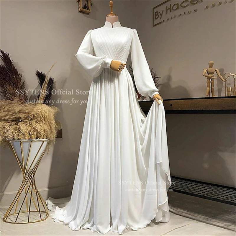 SSYTENS Elegant A Line Wedding Dresses High Neck Long Sleeves Bride Gowns Muslim Pleats Satin Vestido De Novia Customized 2025