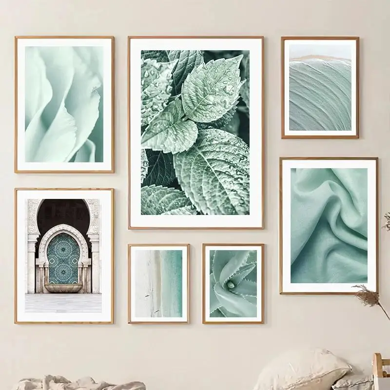 Mint Leaf Petal Beach Green Landscape Abstract Wall Art Canvas Painting  Modern Posters and Prints for Living Room Decor