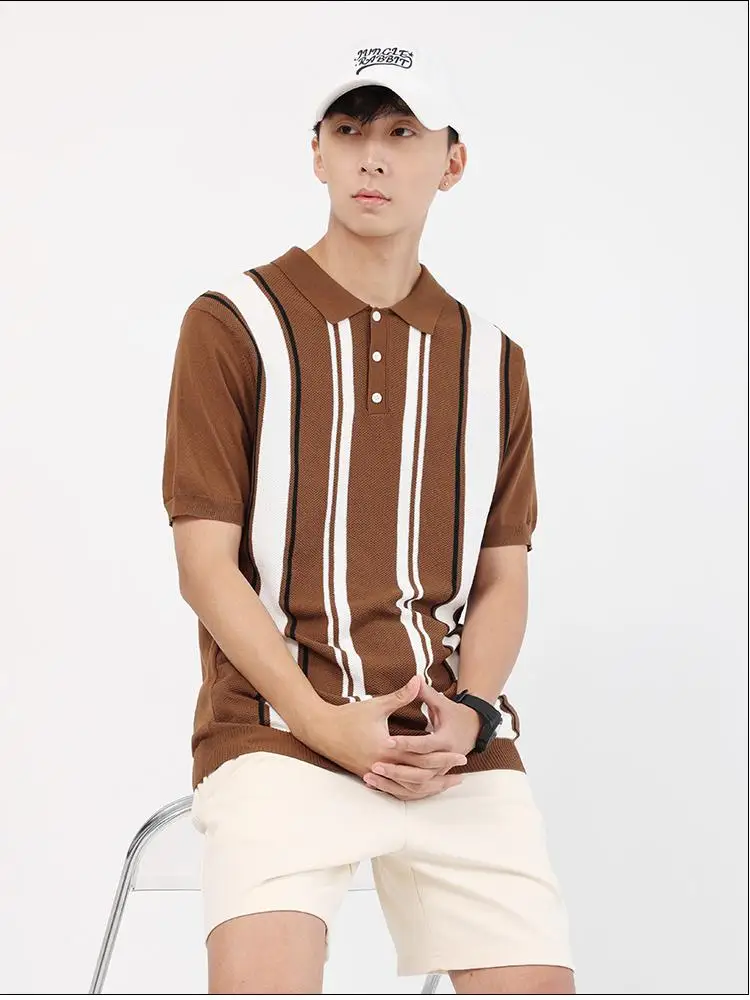 Smart Casual Knitted Polo Shirts For Men Premium Elastic Striped Summer Quality Coolness Breathable Plus Sized Camisas De Hombre
