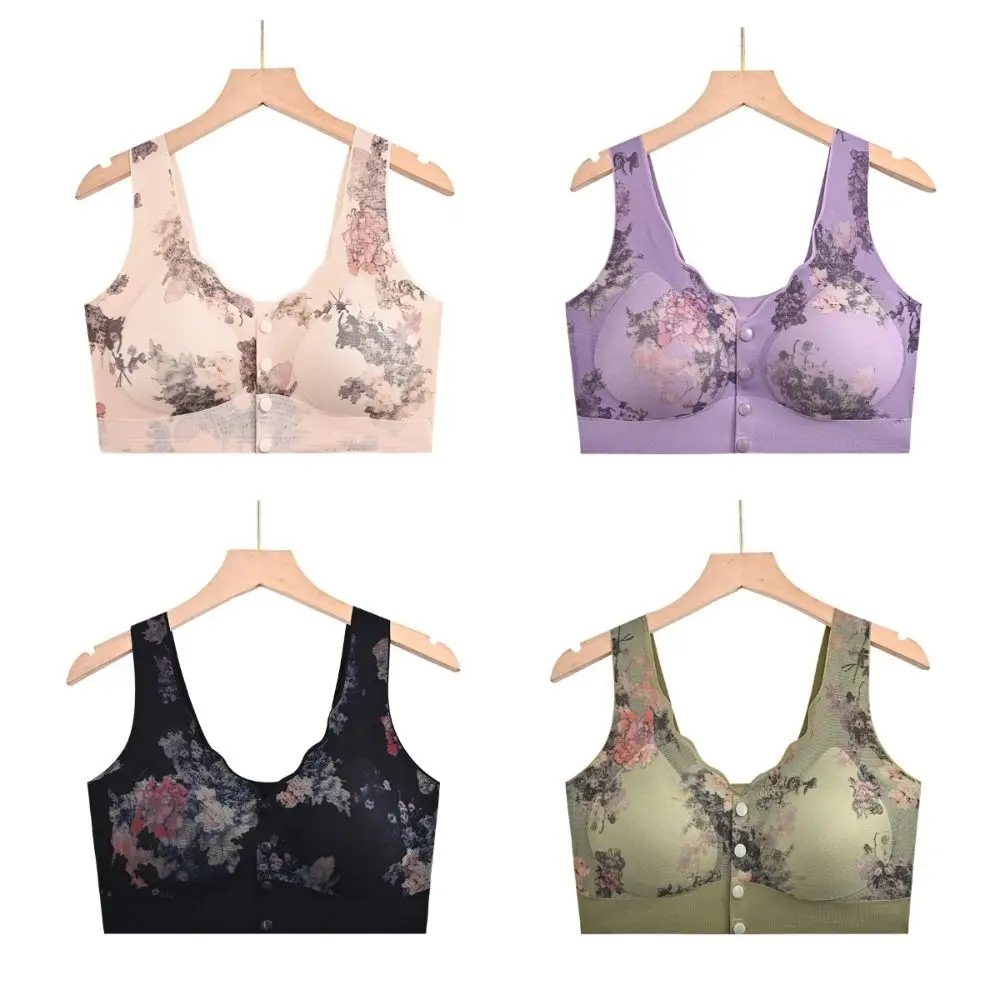 Sutiã floral sem fio para mulheres, tamanho grande, fivela frontal, roupa interior sem costura, lingerie feminina, sutiã push up para mãe