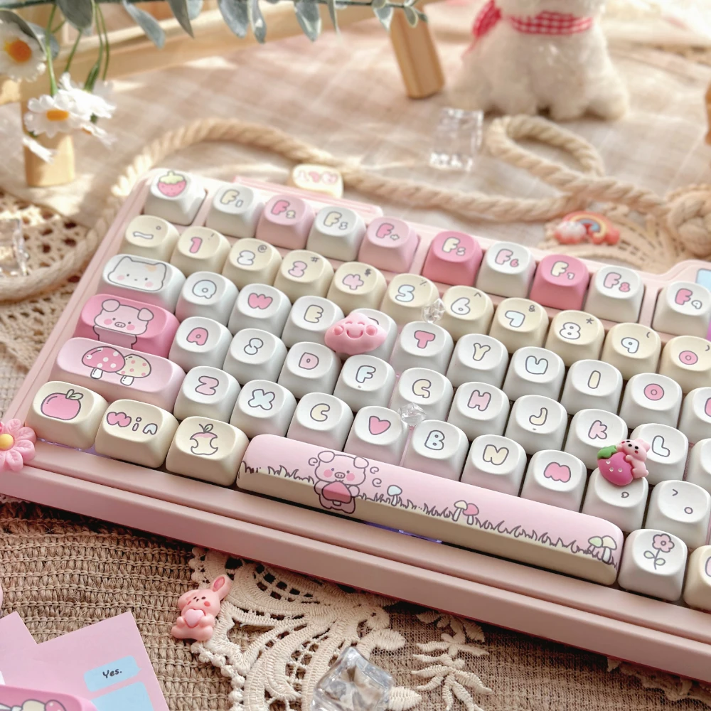 Pig Forest Keycap Yellow White Roa Five-Sided Thermal Sublimation Pbt Customized Keycaps For Keyboard 123Keys Cute Pink Keycaps