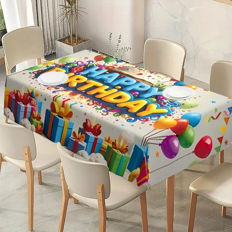 One birthday celebration-themed tablecloth, featuring colorful balloons and gift box patternsxzj