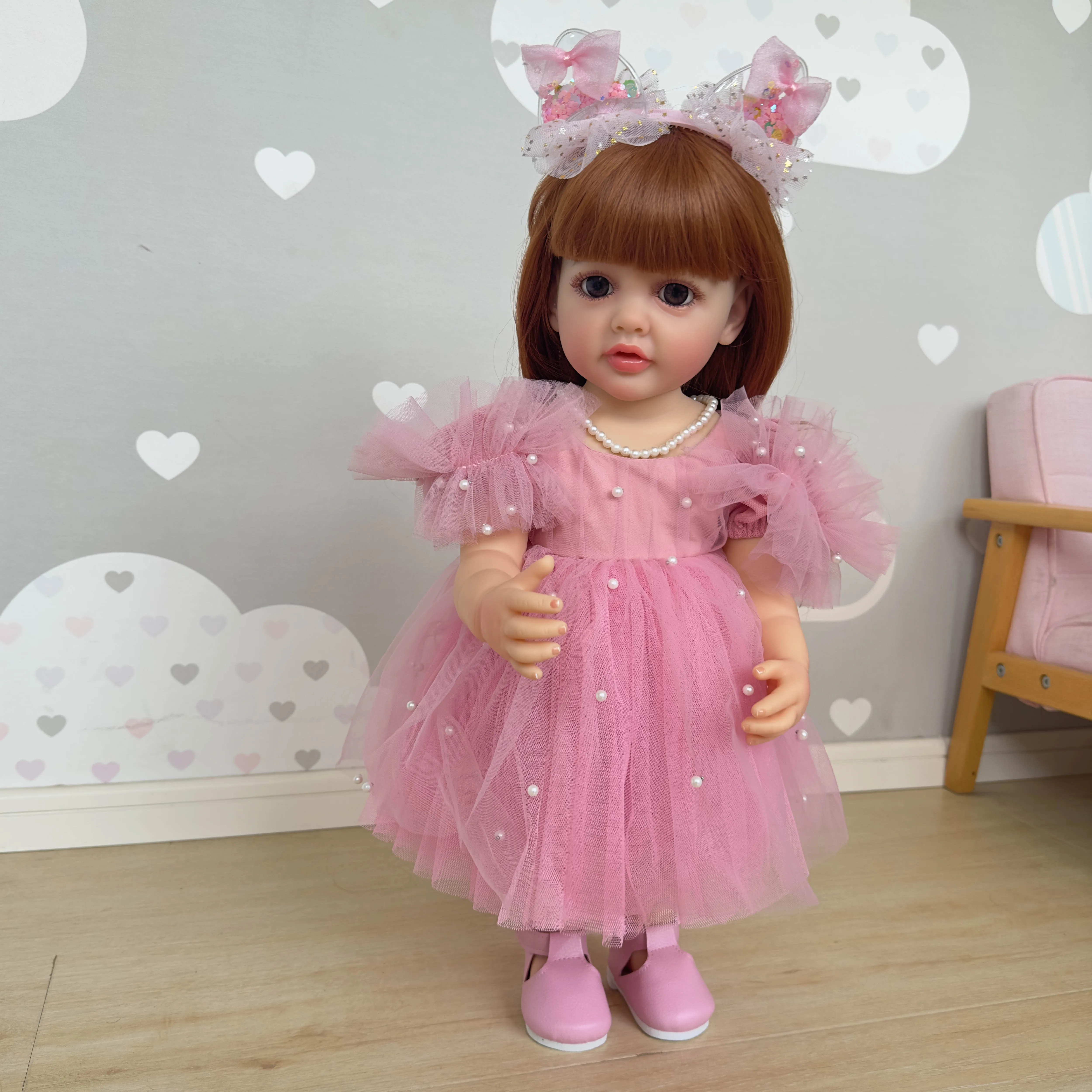 

SANDIE 22inches Full body Soft Silicone Vinyl Reborn Toddler Girl Doll Princess Betty with Pink Dress Gifts for Children