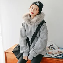 ZOUXO Hoodies Women 2022 Autumn Winter Fur Collar Thick Hoodies New Fashion Simple Grey Hooded Clothes