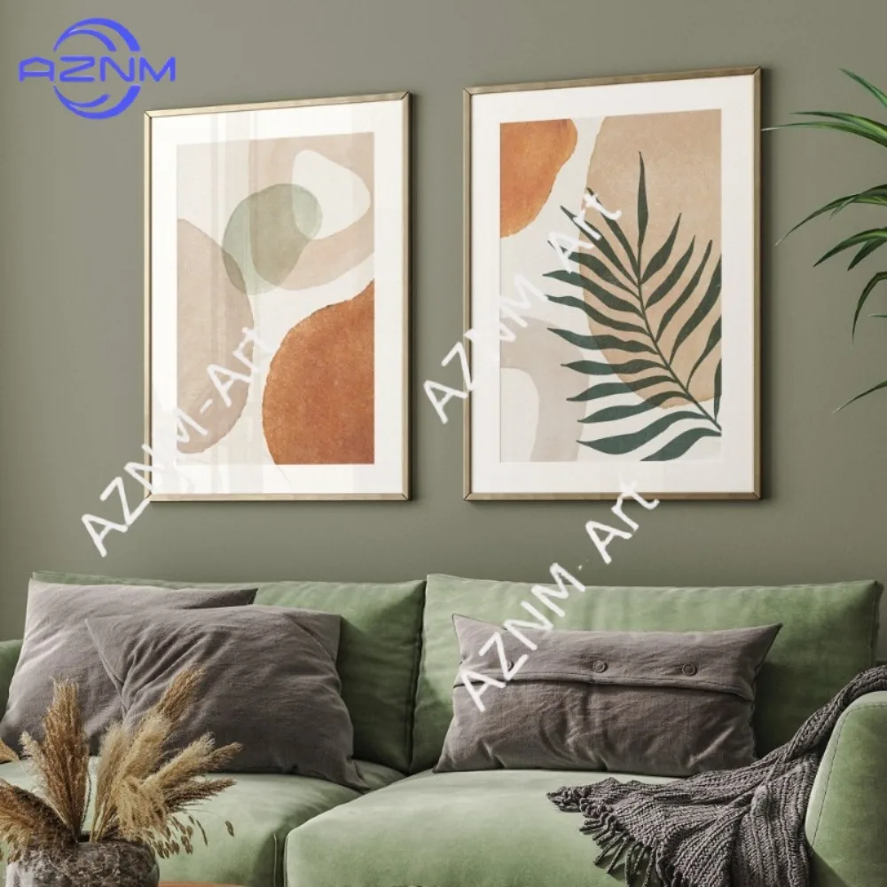 1/2Pcs Boho Palm Leaf Canvas Prints: Abstract Botanical Set in Earth & Green Tones