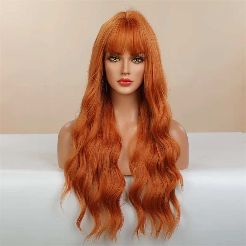 Women's Orange Big Wave Synthetic Wig with Air Bangs Long Curly Hair Stylish Hairpiece for Quick Change in Look