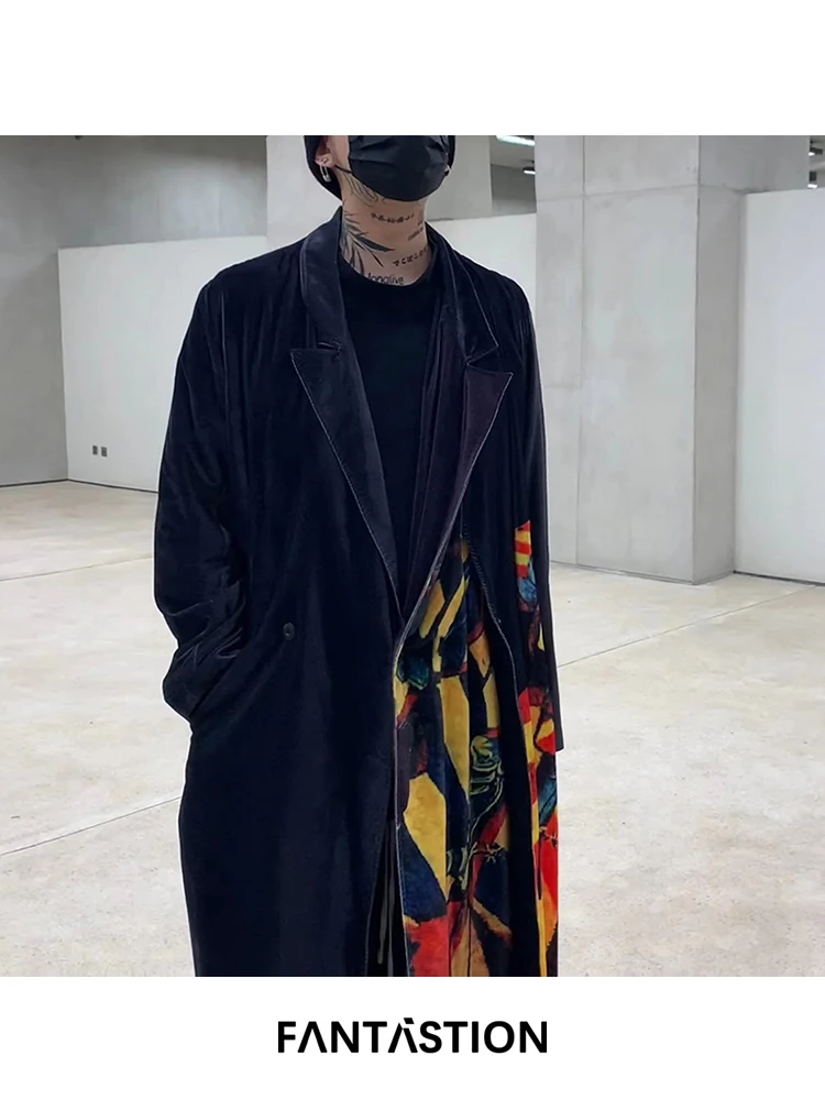 FANTASTION Original design Velvet Circus-print pattern Long Over the knee jacket coat Overcoat Double-layer jackets trench coats