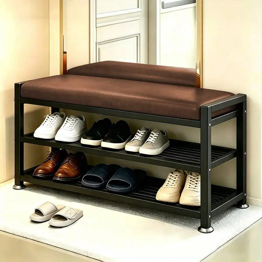 Modern Entryway Shoe Changing Bench with Soft Cushion Metal Frame Multi Compartment Shoe Rack