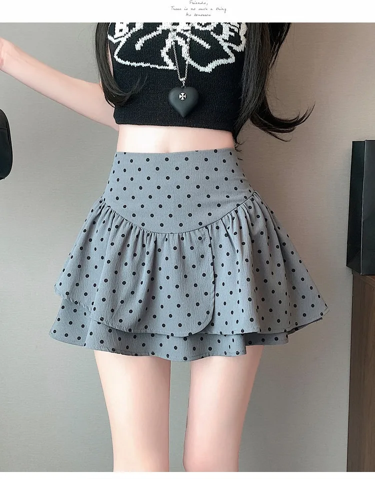Koreanischer Stil Damen Polka Dot Minirock Hohe Taille Rüschen A-Linie Lässiger Pendler-Kurzrock mit Innenfutter – Detail 6