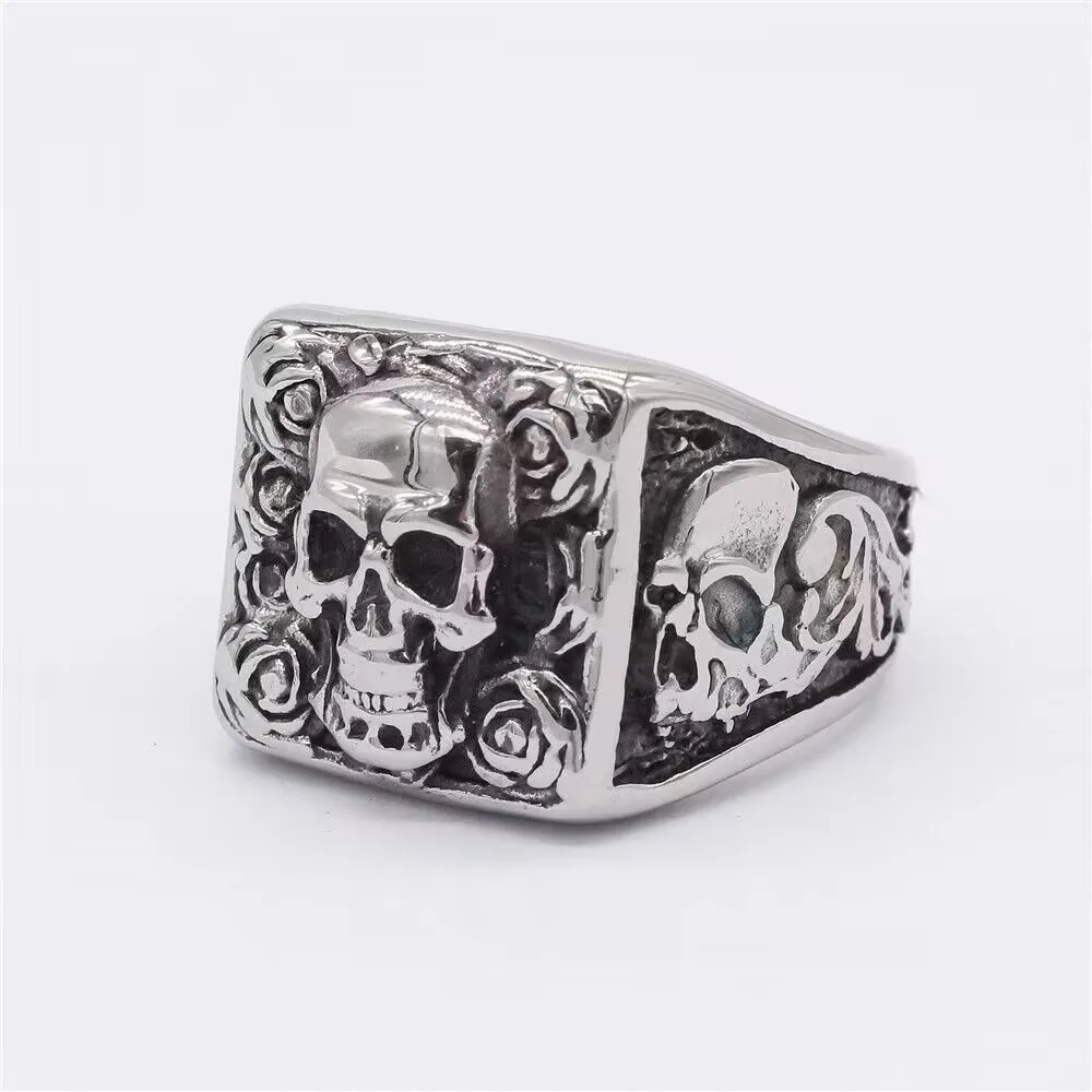 

Skull Head Roses Flower Thorns Square Engraved Signet Ring Stainless Steel Silver Black Gold Punk Ring