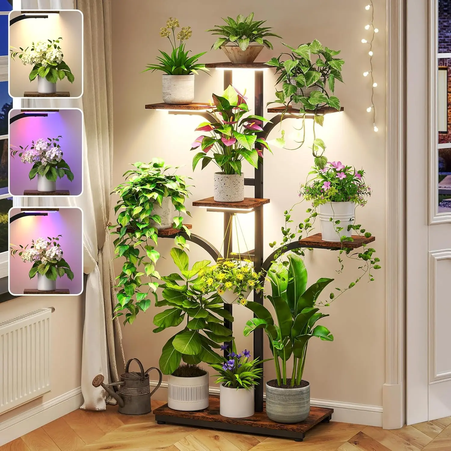 

Угловая подставка для растений высотой 54 дюйма, 7 ярусов, с 4 светодиодными фитолампами, большая нижняя полка для комнатных растений, декор для дома