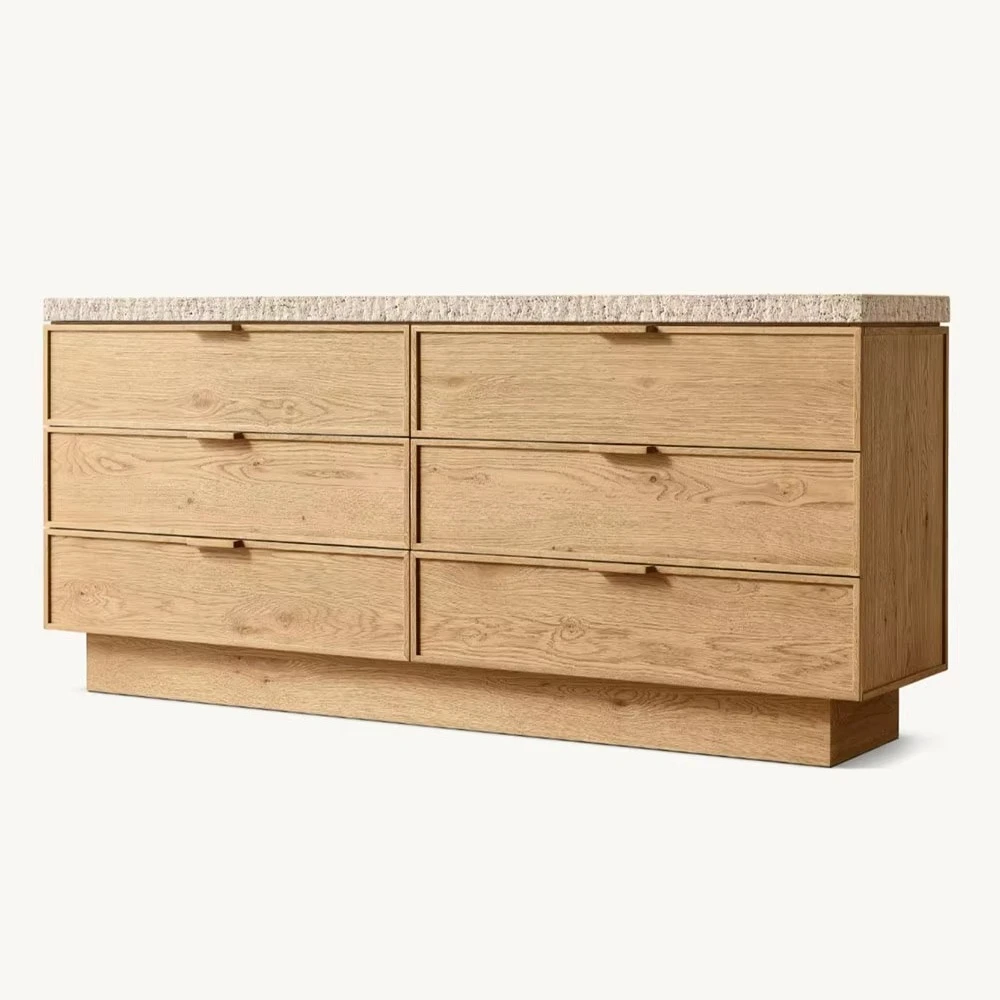 Luxury Modern 6-Drawer Solid Wood Dresser with Stainless Steel Top for Home Bedroom Furniture