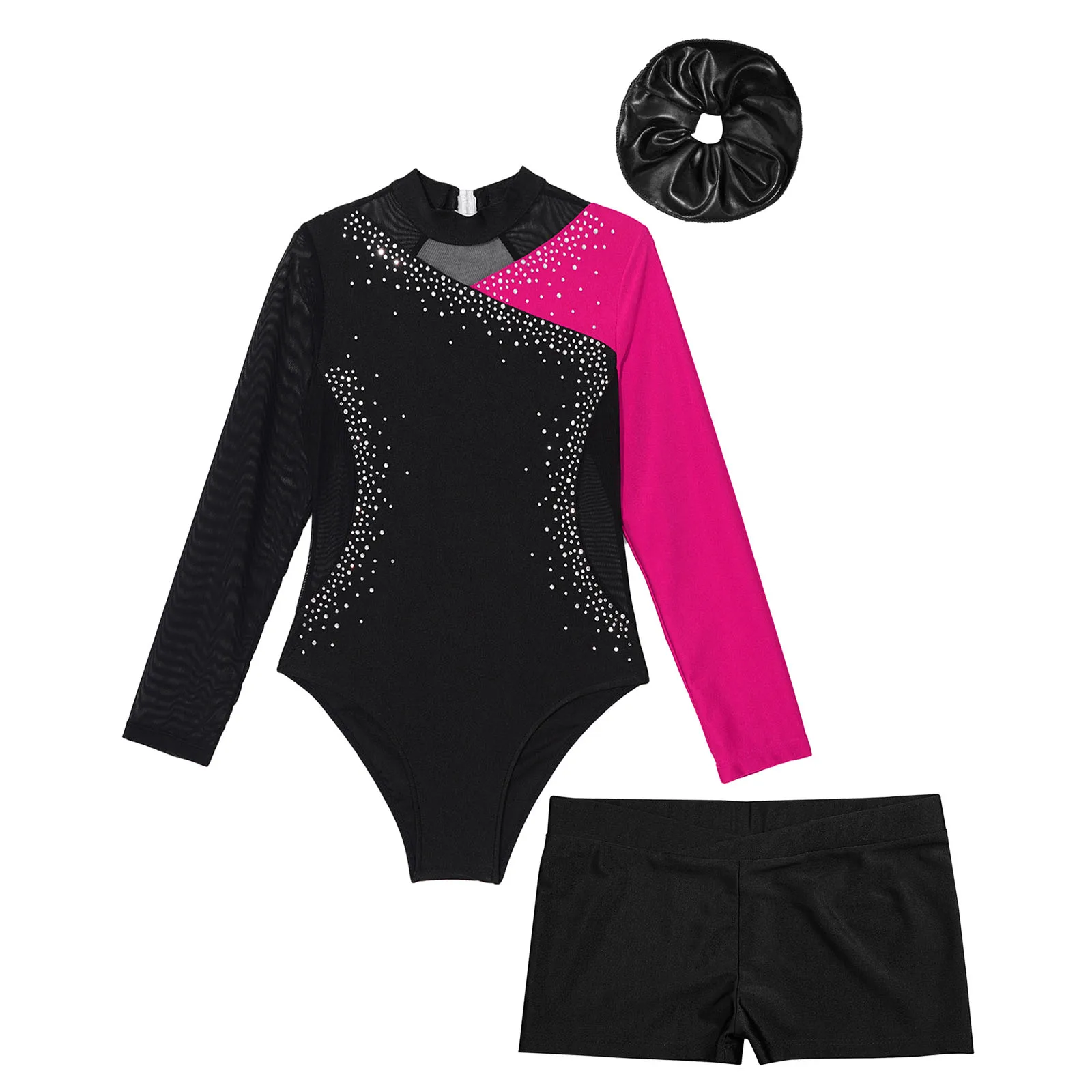 Kids Girls Gymnastics Bodysuit Outfit Shiny Colorblock Long Sleeve Skating Jumpsuit Children\'s Tutu Ballet Leotard with Shorts