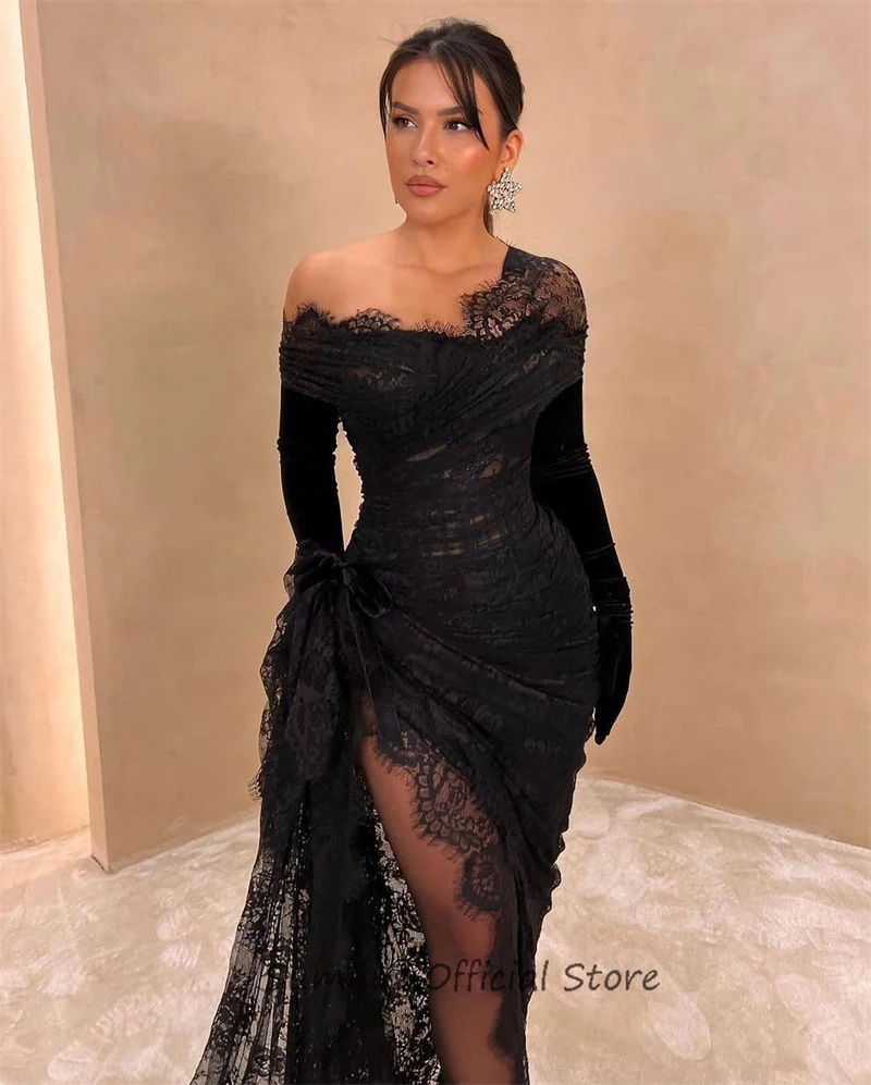 SUMNUS Black Lace Sexy Women Prom Dresses Off Shoulder Long Sleeves Arabic Cocktail Party Evening Gowns Robe De Soiré Customized