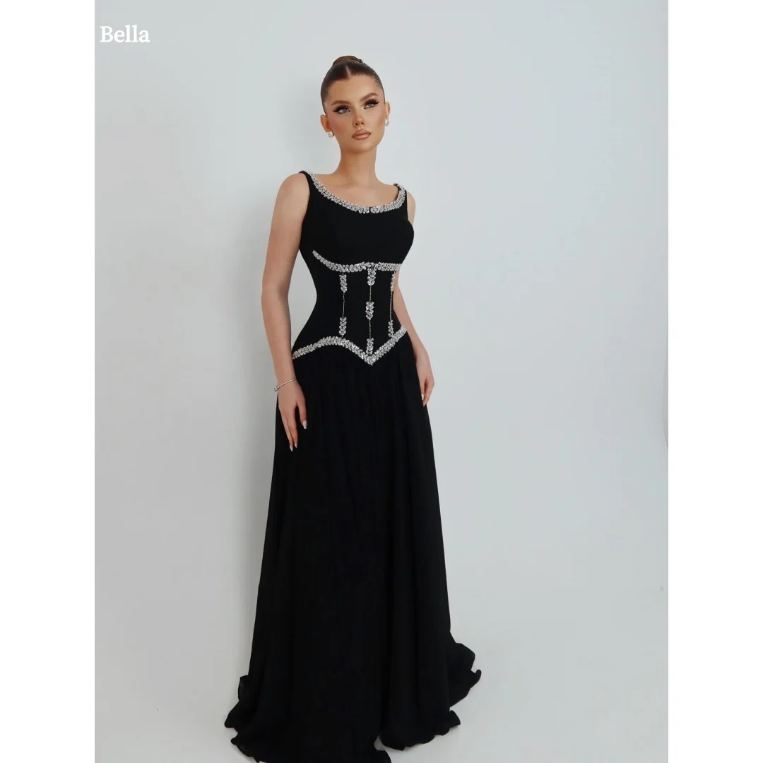 

Bella Customized Black Sleeveless Prom Dress with Silver Beaded Embellished Bodice and Flowing Chiffon Ball Gown Party Dress