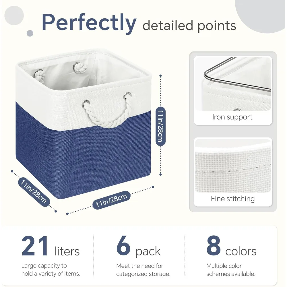 6-Pack 11x11 Inch Cube Storage Baskets with Cotton Handles for Organizing Closets, Shelves, Clothes, Toys, and Towels in White a