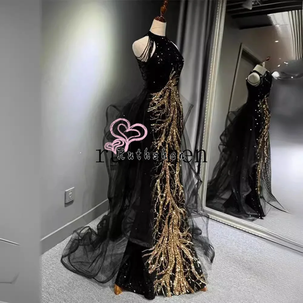 Gaun Hitam Wanita Elegan Halter Leher Ruffles Gaun Malam Formal Mewah 2025 Panjang Vestidos De Noche Disesuaikan