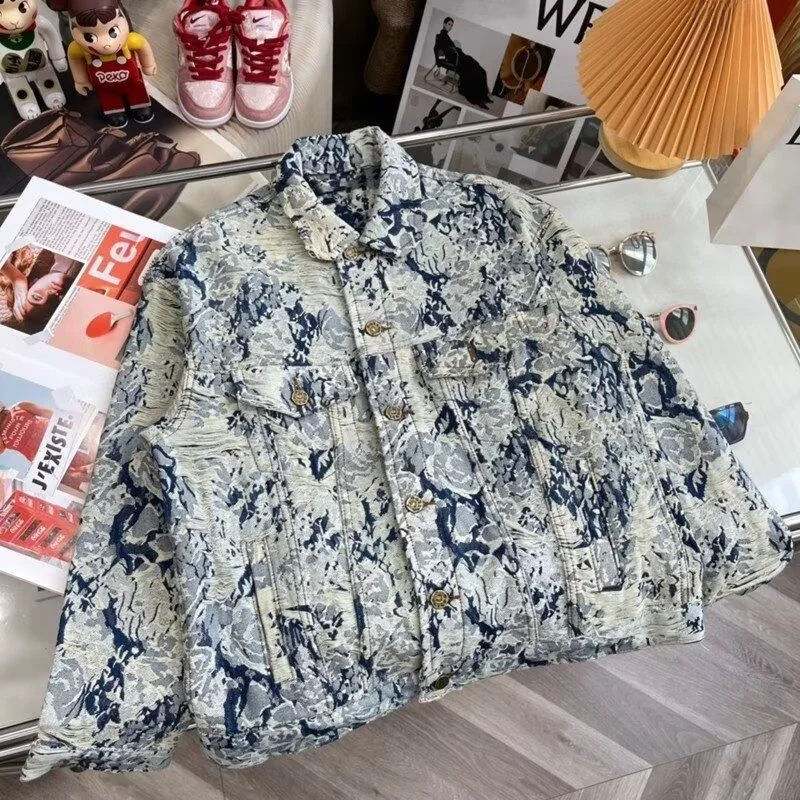 

Spring 2025 Loose Fit High Waist Rose Floral Denim Jaet ex Destroyed Subtle Pattern Couple Embroidery Outerwear