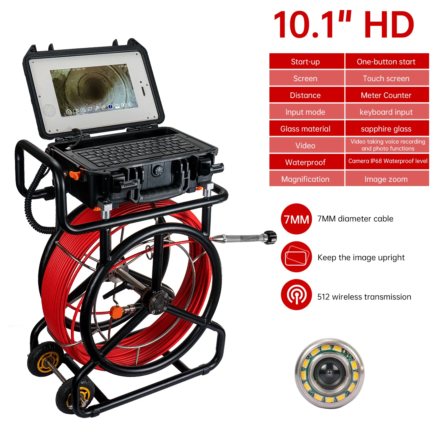 512HZ Sonde +Self-leveling Sewer  7mm HD 1080P 100M Cable 10.1inch Pipe Inspection  With 23MM Endoscope