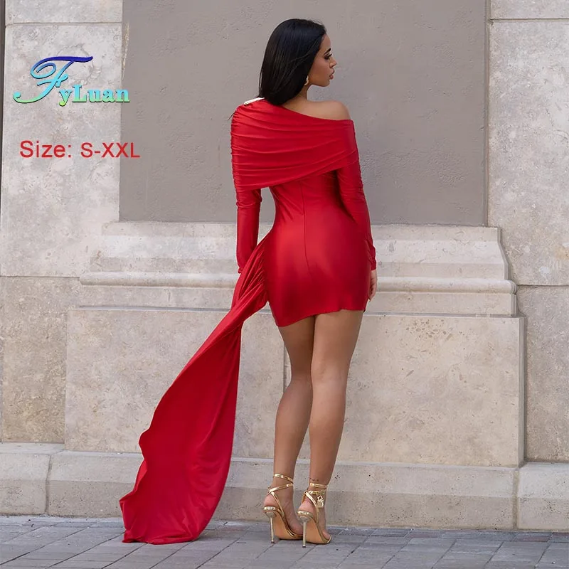 2025年ファッション レディース ミニドレス 無地 斜め肩 長袖 ボディコンドレス リボン付き ディナードレス レッド セクシー ミディアムドレス
