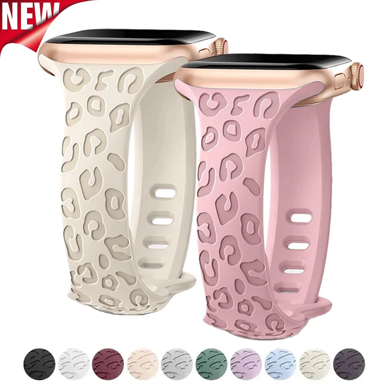 Leopard Engraved Strap for Apple Watch Band 44mm 40mm 45mm 49mm 41 42mm Silicone Bracelet for Iwatch Series Ultra 2 9 8 7 6 SE 5