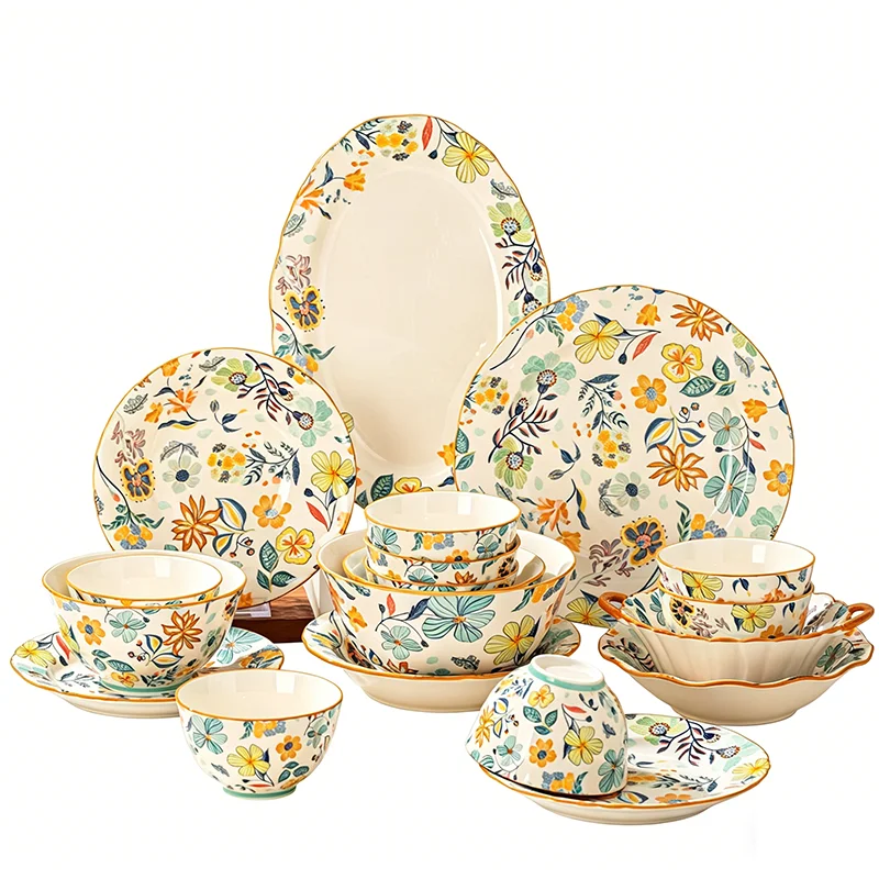 Ceramic Dinnerware 1/2/4pcs Luxury Tableware Modern Porcelain Dinner Sets Bowl Plates New Chinese Blossoms Kitchen Sets Dishes