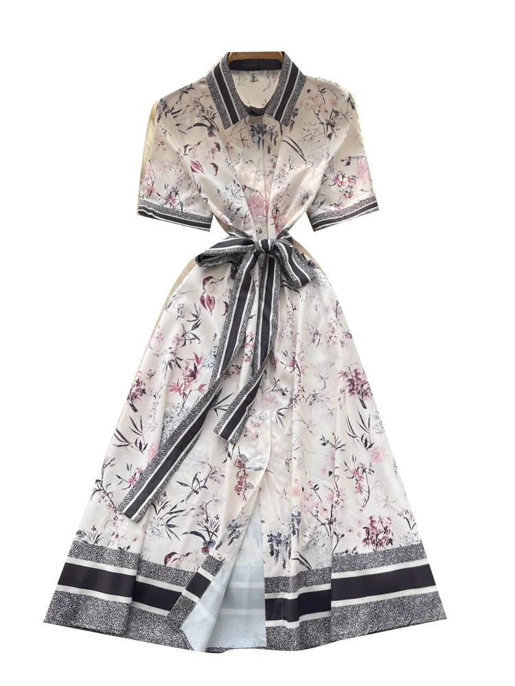 Vestido Largo de Verano para Mujer con Estampado Floral, Cintura Ajustable con Lazo, Manga Corta y Cuello Csero
