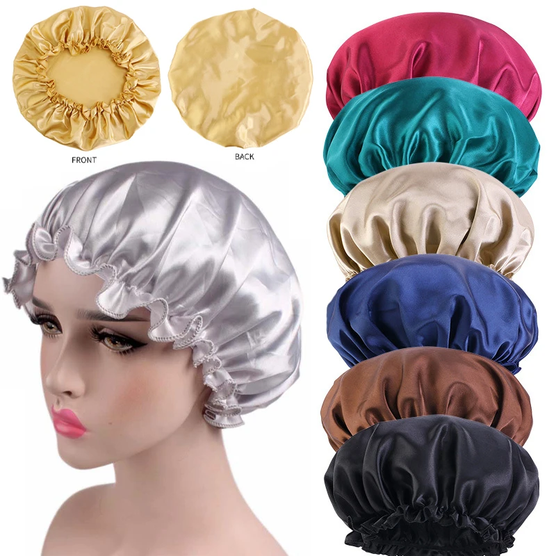 Universal Satin Hair Cap Bonnet Rolled Edge Night Sleep Cap Reusable Women Shower Cover Silk Long Hair Hat for Bathroom Supplies