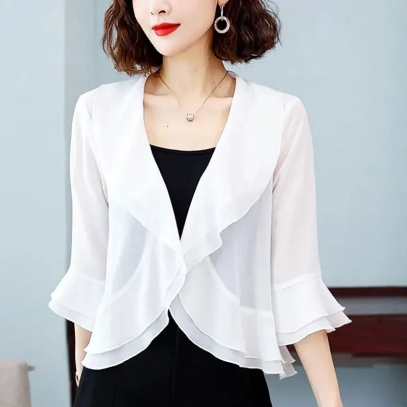 Elegant V-Neck Solid Color Ruffles Flare Sleeve Shirt Women\'s Clothing 2023 Summer New Casual Tops Loose Office Lady Blouse