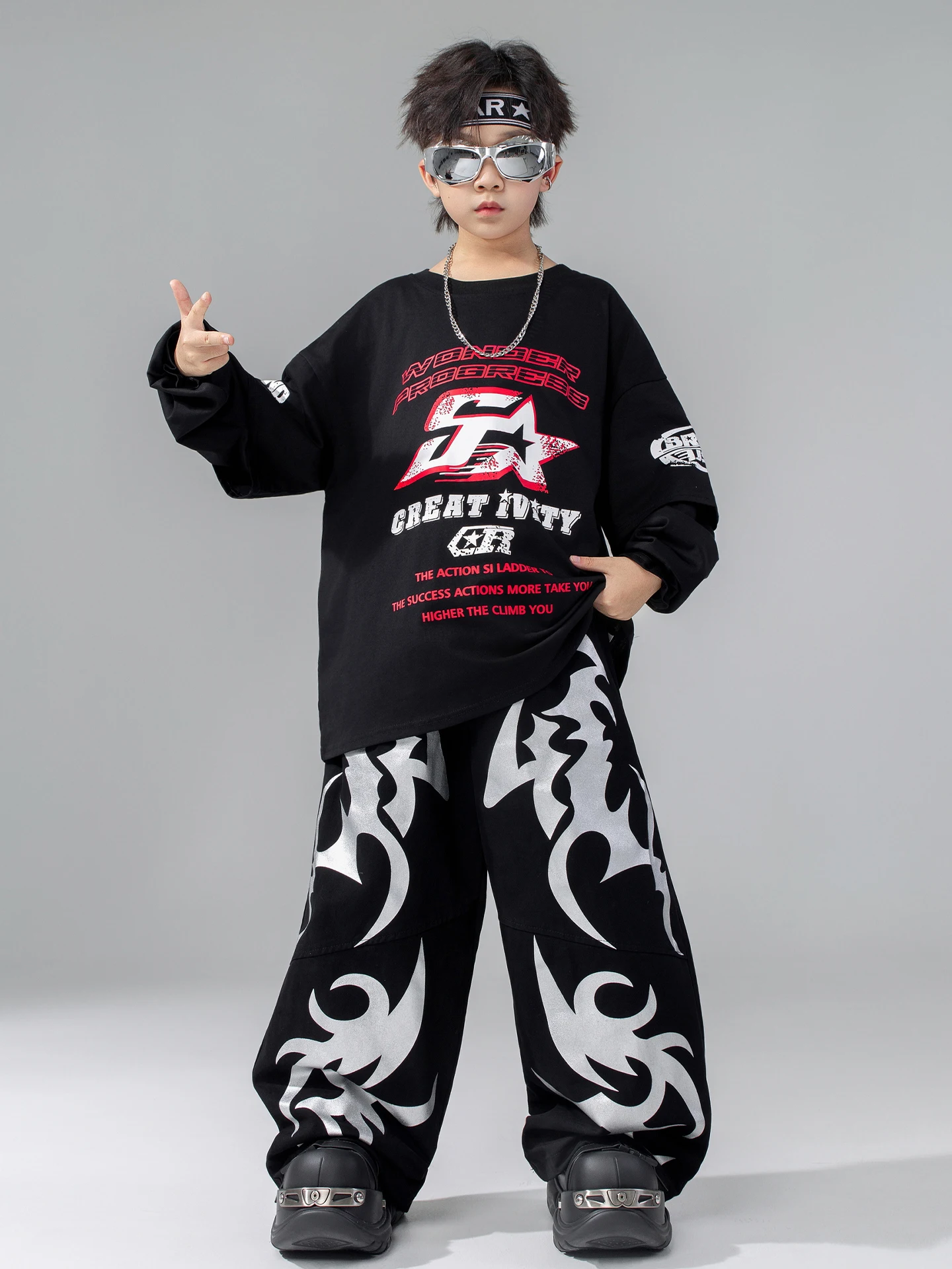 Stroje do tańca jazzowego dla dzieci na rok 2025, luźne koszule, spodnie cargo, garnitur dla chłopców, ubrania hip-hopowe rave dla dziewcząt, DQS21311