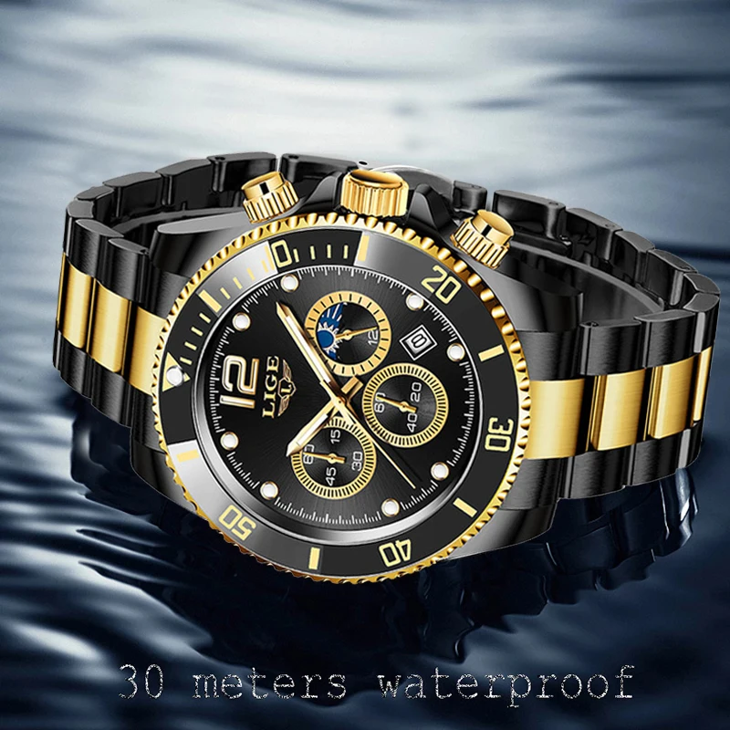 LIGE Design Big Chronograph Quartz Watches for Men Sport Casual Stainless Steel Band Luminous Wristwatch for Male Creative Clock