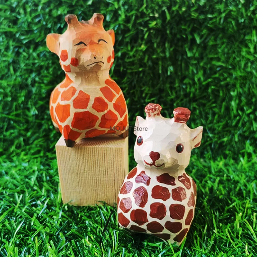 Handmade Wood Carving Giraffe Tabletop Ornament Cartoon Animal Wood Cartoon Handicraft Kawaii Decor Birthday Gift for Friend