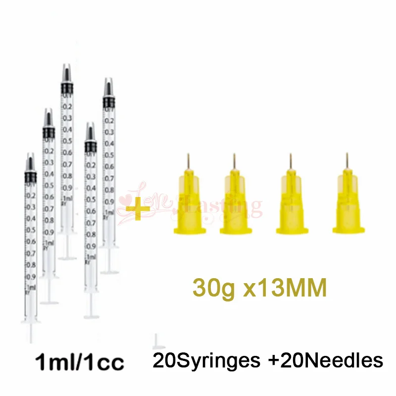 20PCS/SET 1ml Syringes Painless Small Needle 32Gx4mm 32Gx6mm 30Gx4mm 32Gx13mm 30Gx25mm Painless Eyelid Tattoo needles