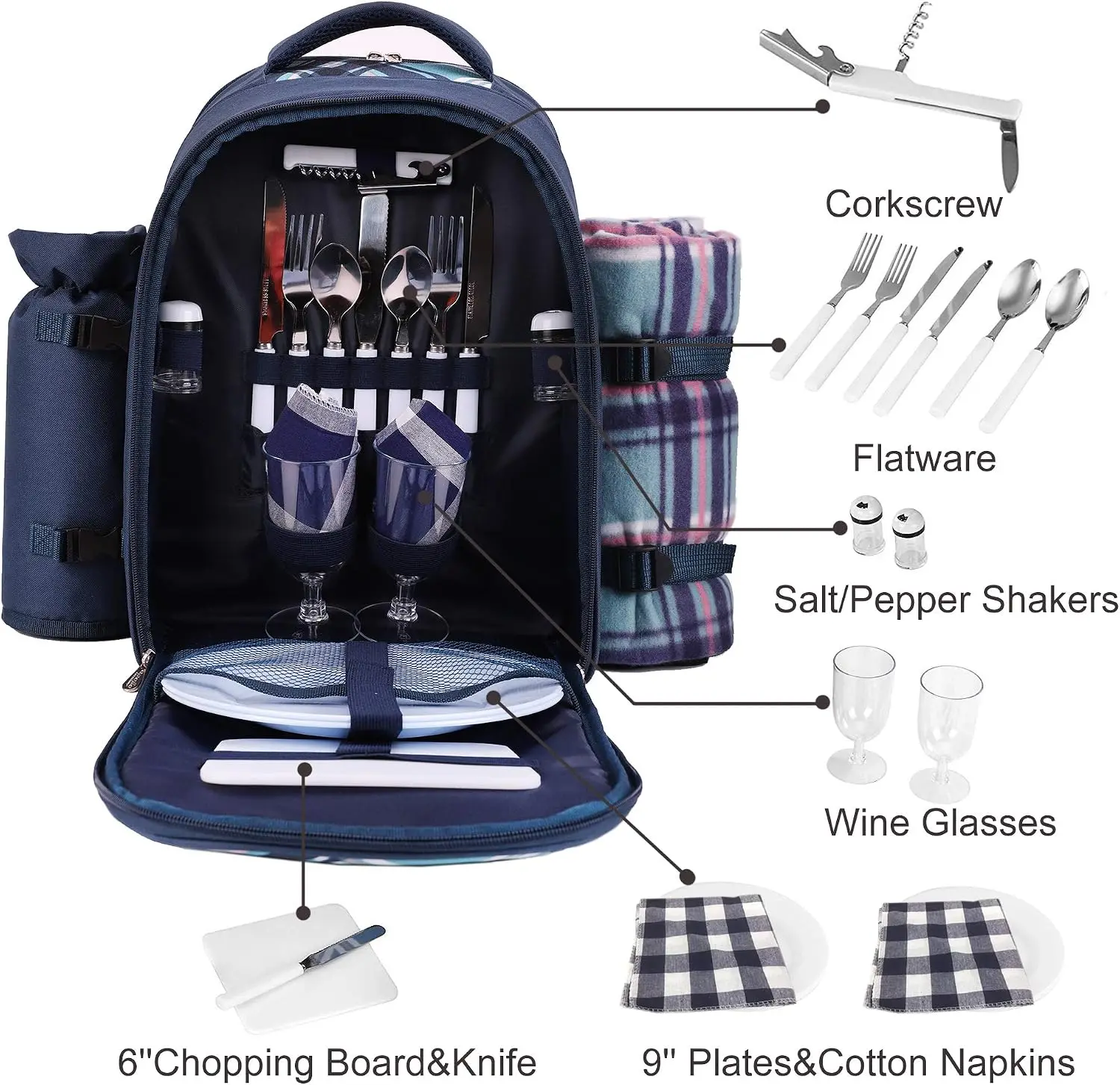 2-Person Picnic Backpack with Blanket and Wine Compartment, Blue Picnic Bag for Couples, Family and Lovers, Gift Idea