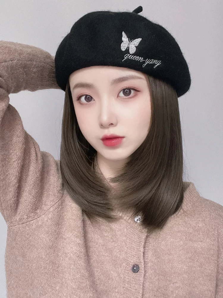 Hat Wigs Beret Wig women's Autumn and Winter Fashion Beret Straight Hair Wig Korean Hat Wig integrated Short Straight Hair