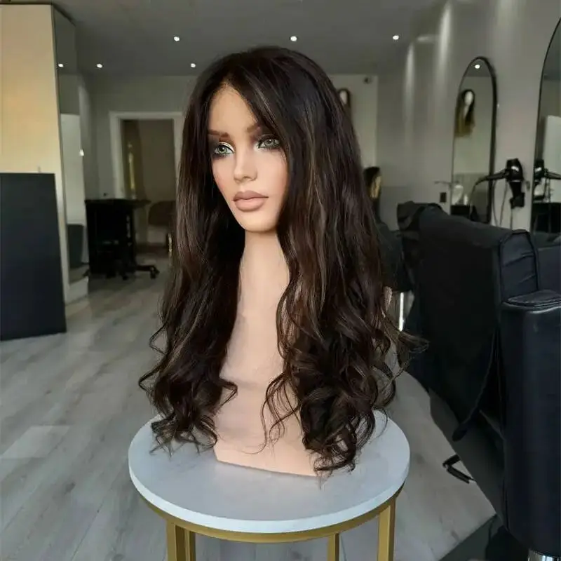 

Парик средней части Ombre Brunette Коричневый синтетический парик фронта шнурка Предварительно выщипанная линия волос HD Прозрачный кружевной бесклеевой парик для женщин