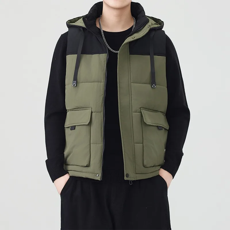 Men's Contrast Color Hooded Zipper Cardigan Pocket Fashion Loose Casual Jacket Vest Top