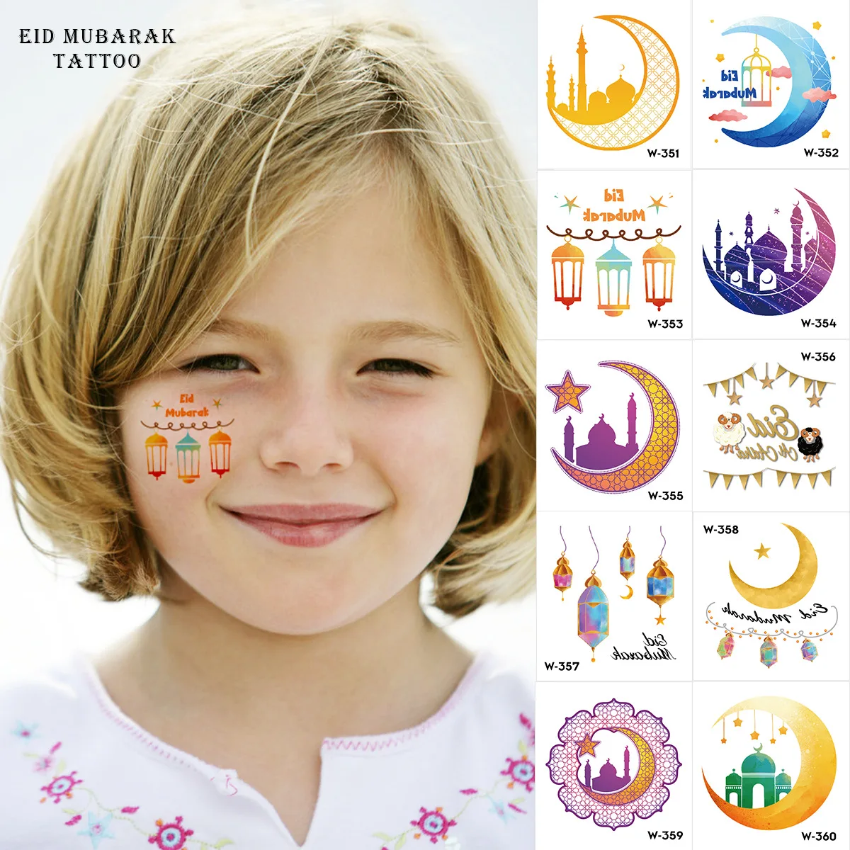 10pcs Eid Mubarak Temporary Tattoo Stickers Moon mosque Tattoo For Kids Eid Gift Ramadan Kareem Decoration Islamic Muslim Party