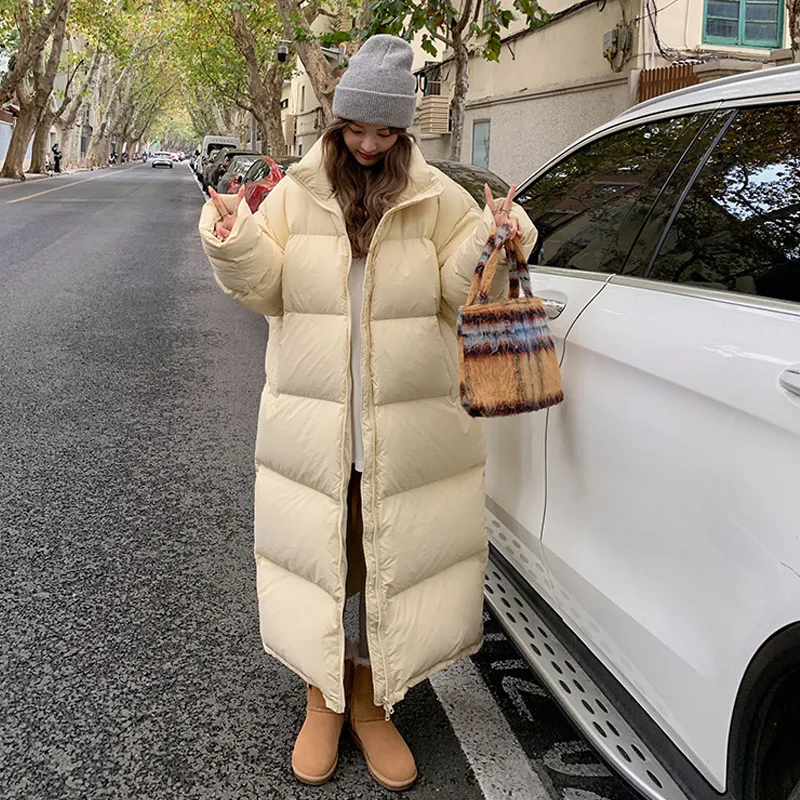 Casaco de inverno parka longo extragrande para mulheres, jaqueta puffer coreana à prova de vento, manga comprida grossa quente, jaqueta acolchoada com zíper, sólida