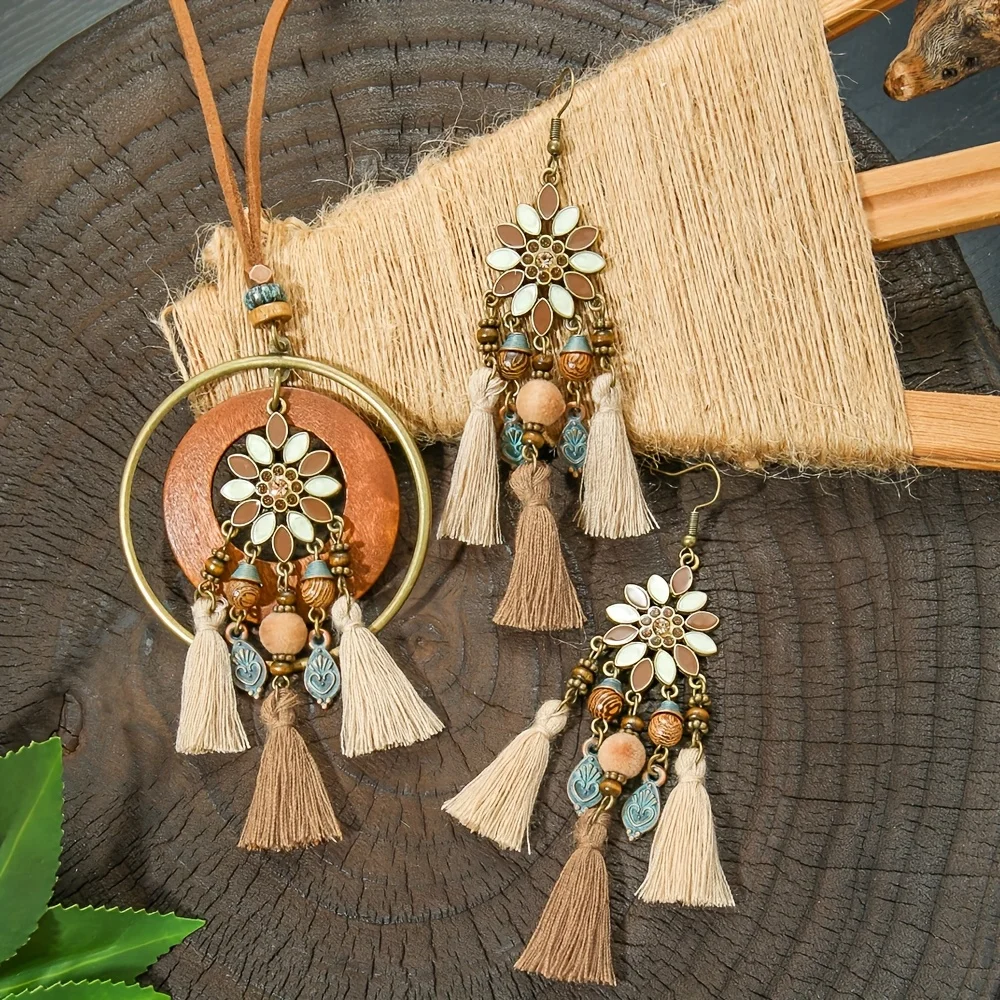 

3pcs 2025 New Cute Boho Women's Fashion Jewelry Set, Glass Mosaic Zinc Alloy Copper Plated Earrings + Necklace