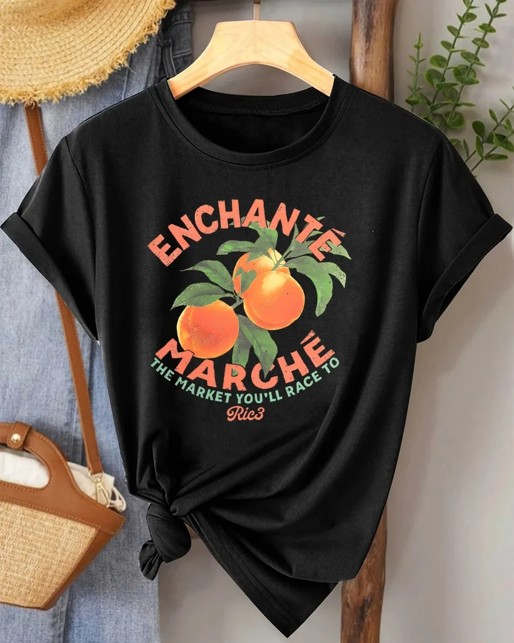 French Enchante Marche Orange Graphic T-Shirt Vintage Fruit Market Aesthetic Tee Summer Short Sleeve Casual Women Streetwear Top