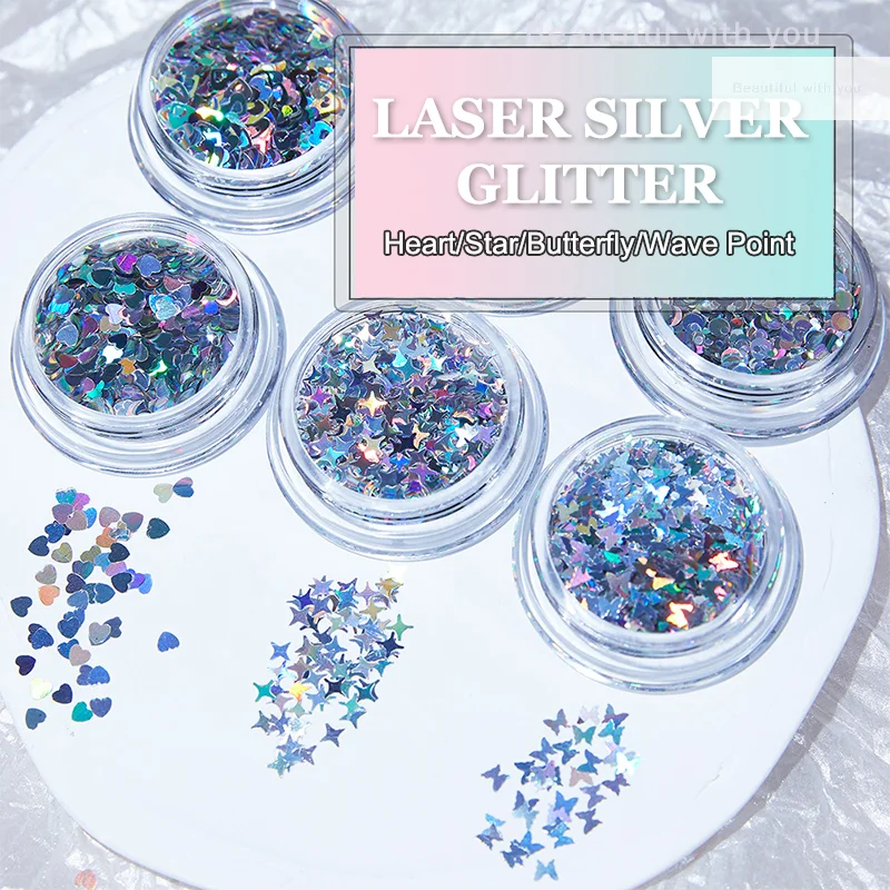 

Mini Sparkling Nail Laser Glitter Sparkling Colorful Patch Love Butterfly Wave Dot Starry Laser Silver Glitter Nail Decoration