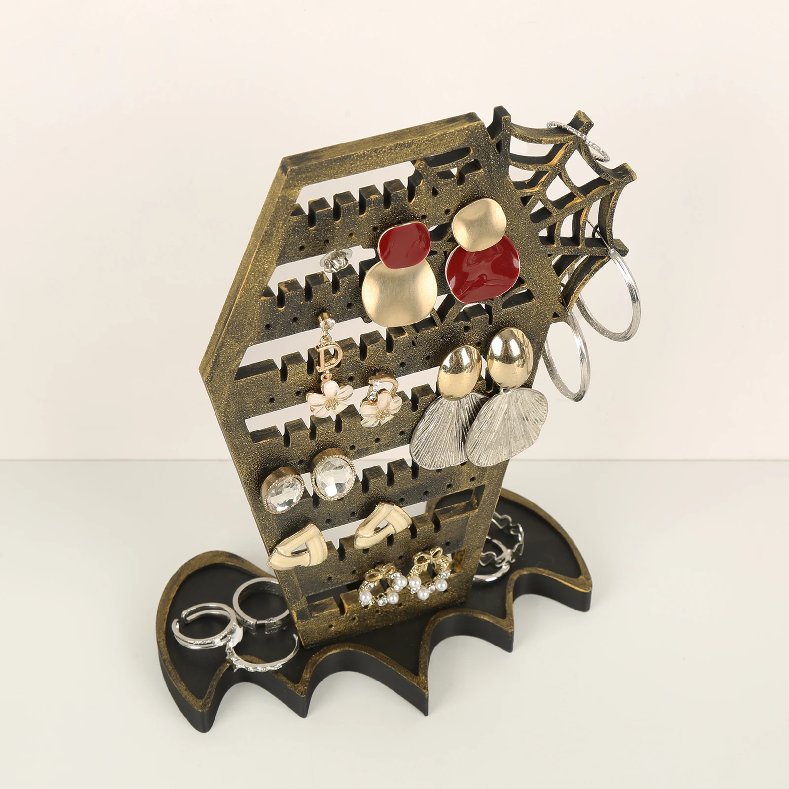 Cross‑border Gothic Coffin Spider Web Wooden Earring Holder Halloween Desktop Jewelry Display Stand Stud Necklace Accessory Orga view 6
