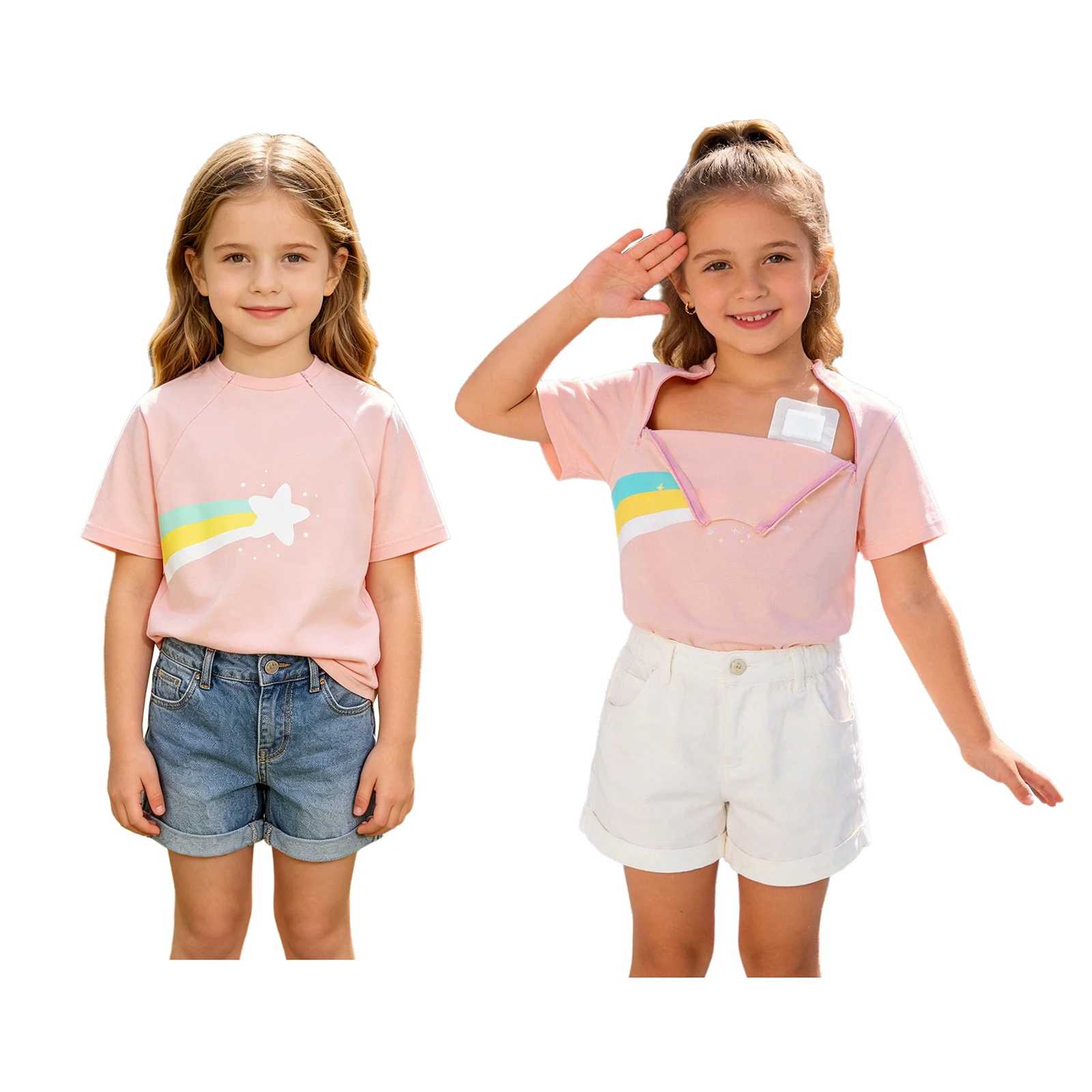 Boys Girls Special Needs Adaptive Clothing Short Sleeve Zippers Chest Port Access Chemo T-shirt After Surgery Care Dialysis Tee