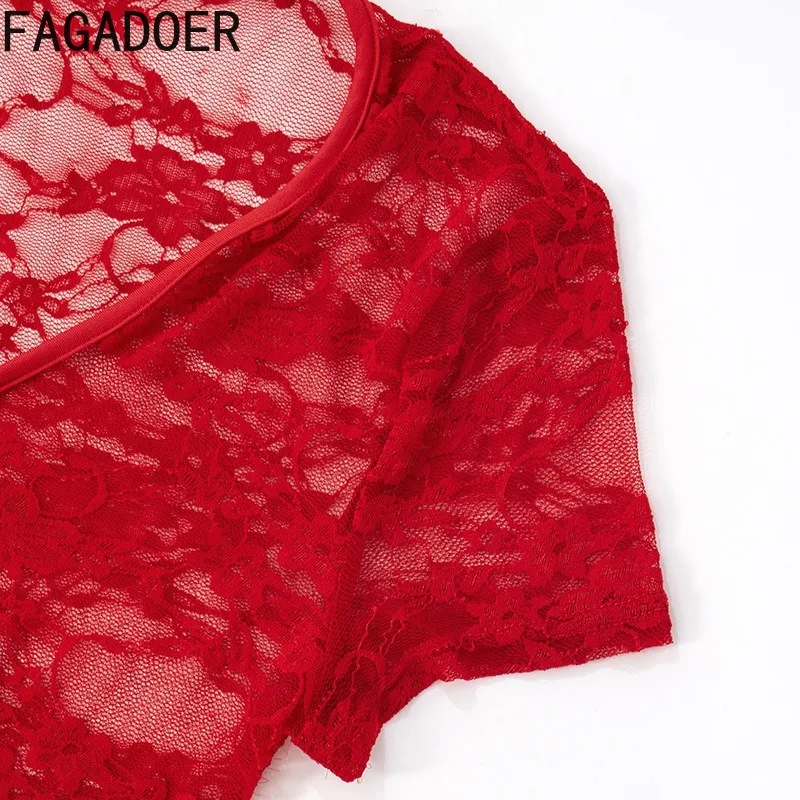 FAGADOER Sexy Lace Patchwork Two Piece Outfits Woman See Through Short Sleeve Lace Up Crop Tops + Leggings Shorts Clubwear Sets