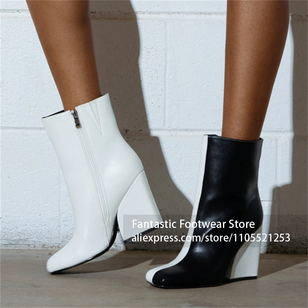 Genuine Leather lack White Color Block Boot Solid Integrated Wedge Heel Boot Vertical Splicing Design quare Toe Wedge Ankle Boot